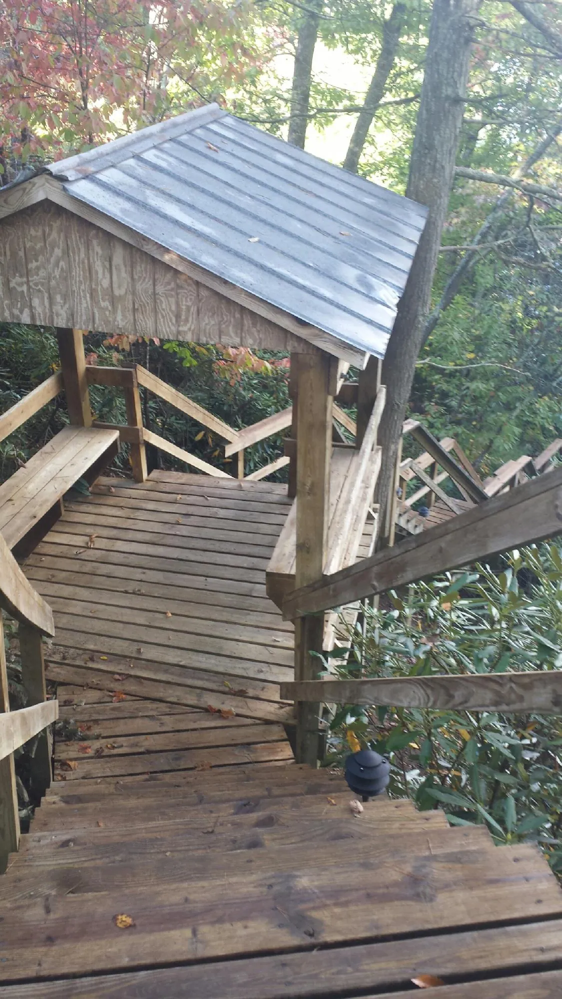 Metal roofed shelter over wooden steps on a wooded walkway — Skylight Repair & Installation work by our crew in Tygh Valley